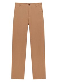 Beżowe spodnie wykonane z teksturowanej tkaniny. Posiadają zapięcie na guzik, szlufki na pasek oraz dwie boczne kieszenie. Prosty krój nogawek.