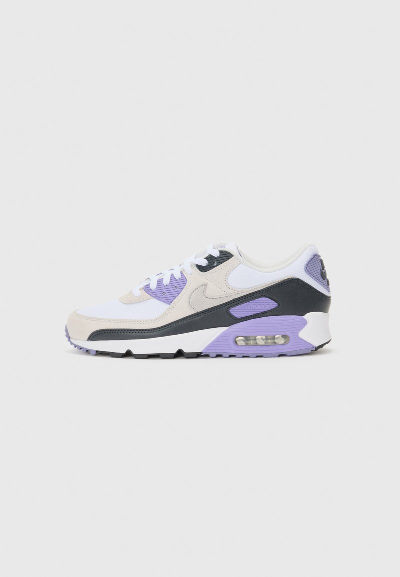 Nike Air Max 90 sneaker in white, cream, purple, and black. Features suede and mesh materials, round laces, and visible air cushioning unit.