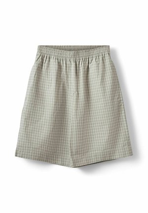 Lysegrå ternede shorts med elastisk taljebånd, knælange og afslappet pasform, vist på hvid baggrund.