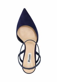 Navy blue suede stiletto heel with a pointed toe, featuring a smooth leather insole and dual thin straps across the foot. Dune London branding visible.