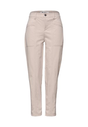 Béžové úzké neformální kalhoty s předními kapsami, poutky na opasek, knoflíkovým zapínáním a viditelnými předními švy.