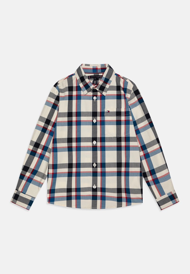 Camicia con bottoni in misto cotone, caratterizzata da un motivo a quadri nei colori crema, nero, blu e rosso. Maniche lunghe, colletto e taschino sul petto presenti.