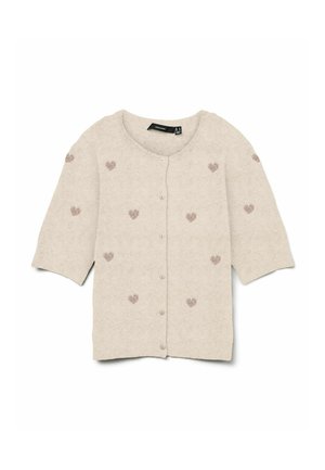 Beige kort mouwig vest met knopen en een ronde hals, versierd met kleine bruine hartjespatronen die gelijkmatig verdeeld zijn over de voorkant en mouwen.