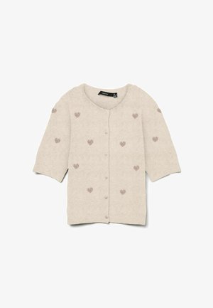 Beige kort mouwig vest met knopen en een ronde hals, versierd met kleine bruine hartjespatronen die gelijkmatig verdeeld zijn over de voorkant en mouwen.