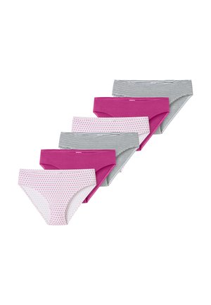 Six women's bikini-style underwear in alternating colors and patterns: solid magenta, pink polka dots on white, and black-and-white stripes.