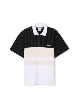 Short-sleeve polo shirt with a black striped upper, beige midsection, and white bottom. Features a soft collar and three-button placket.