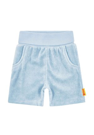 Pantalones cortos azul claro hechos de tela de rizo suave con cinturilla elástica, dos bolsillos laterales y una pequeña etiqueta de logo amarilla.