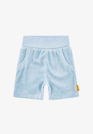 Hellblaue Shorts aus weichem Frottee-Stoff mit elastischem Bund, zwei Seitentaschen und einem kleinen gelben Logoetikett.