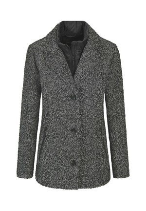 Grauer Blazer mit Fischgrätenmuster, mit Reverskragen, einreihig, drei Vorderknöpfen und Seitentaschen, ausgestattet mit einer gesteppte Innenlage.