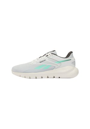 Scarpa da corsa Reebok grigio chiaro con accenti verde menta, suola bianca e fodera interna nera mostrata in profilo laterale.