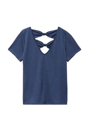 Blue short-sleeve V-neck shirt with two bow knots across a cutout on the upper chest area.