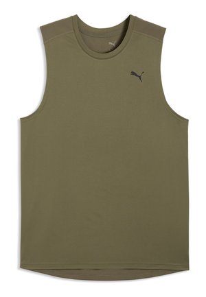 Camiseta deportiva sin mangas de color verde oliva con cuello redondo y pequeño logotipo negro de Puma en el pecho izquierdo.