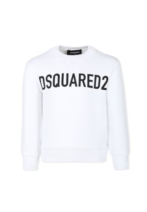 Felpa bianca in cotone con colletto rotondo e maniche lunghe, caratterizzata da un grande testo nero "DSQUARED2" sulla parte anteriore.