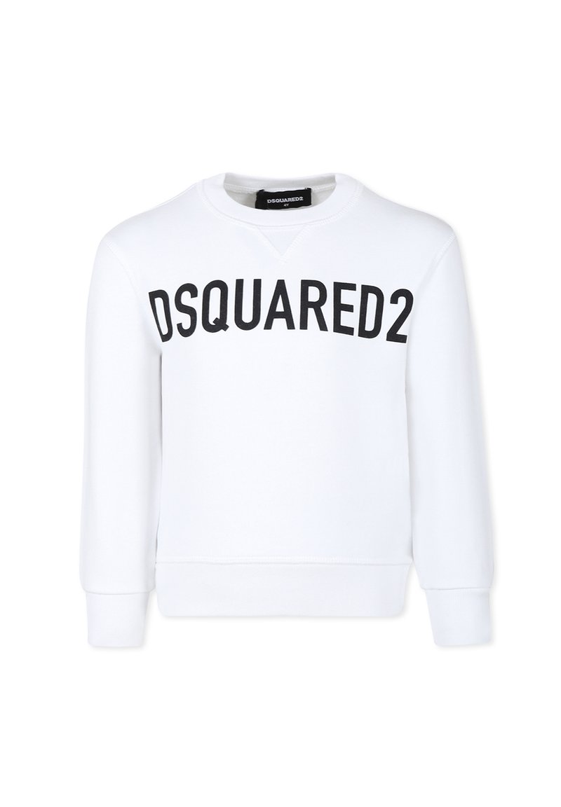 Felpa bianca in cotone con colletto rotondo e maniche lunghe, caratterizzata da un grande testo nero "DSQUARED2" sulla parte anteriore.