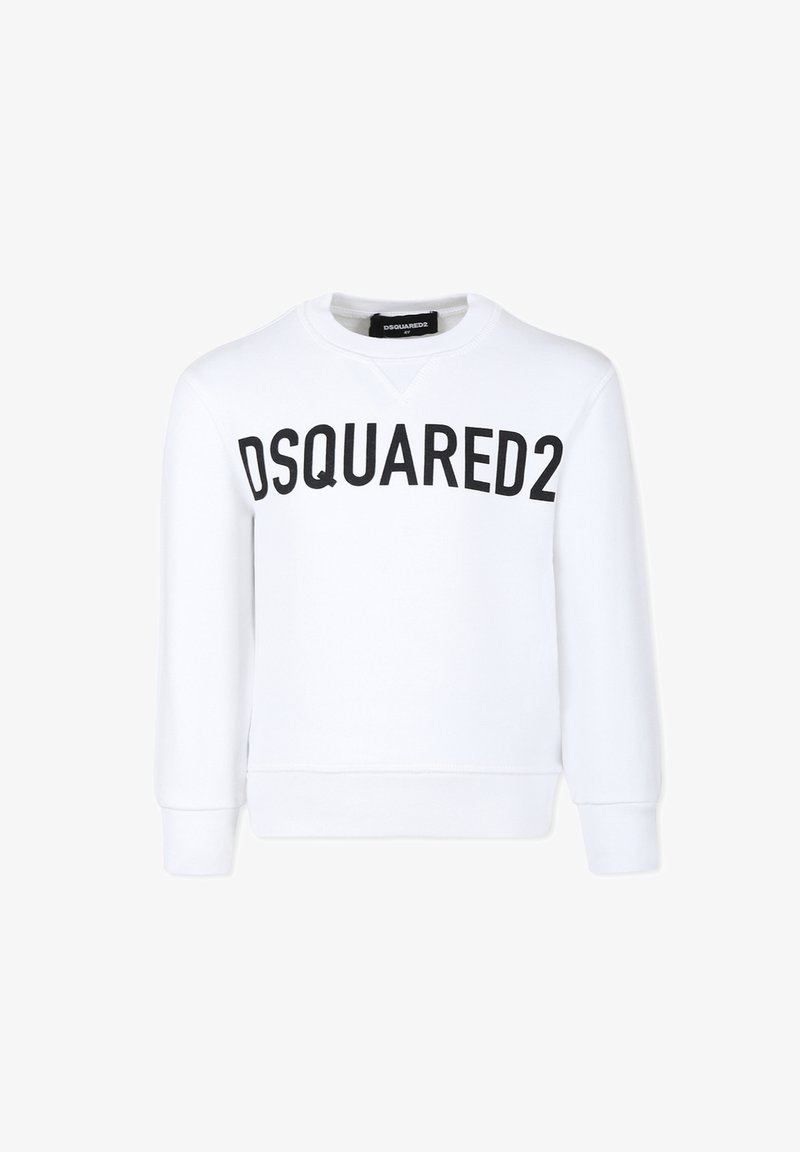 Felpa bianca in cotone con colletto rotondo e maniche lunghe, caratterizzata da un grande testo nero "DSQUARED2" sulla parte anteriore.