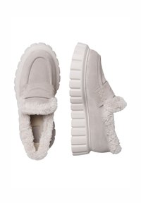 Light gray suede loafers with fluffy white lining, a chunky white sole, and a rounded toe. Design features include a stitched accent on the upper.