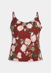 Top de alças cor de burdeos com padrão floral em rosa e verde, apresentando alças finas e um tecido texturizado. Decote redondo e corte solto.