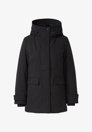 Schwarze Jacke mit Kapuze, aus strukturiertem Material. Verfügt über einen Frontreißverschluss, zwei knopfverschlossene Taschen und gerippte Bündchen für zusätzlichen Komfort.