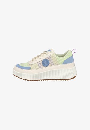 Zapatilla ligera con parte superior de malla en tonos pastel, acentos en beige y azul, y una suela de plataforma blanca texturizada con un diseño acanalado.