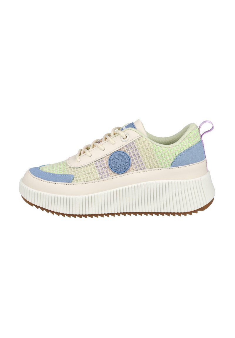 Zapatilla ligera con parte superior de malla en tonos pastel, acentos en beige y azul, y una suela de plataforma blanca texturizada con un diseño acanalado.
