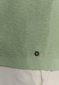 Lichtgroene gebreide trui met een geribbelde onderrand en een klein zwart logopatch met drie horizontale gouden strepen.