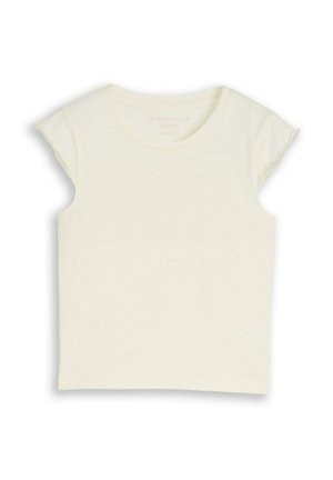 Korte mouw, effen, crèmegekleurde katoenen T-shirt met een ronde hals, plat neergelegd op een witte achtergrond.