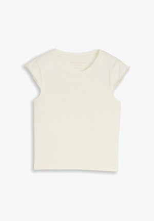 T-shirt en coton uni de couleur crème à manches courtes avec un col rond, posé à plat sur un fond blanc.