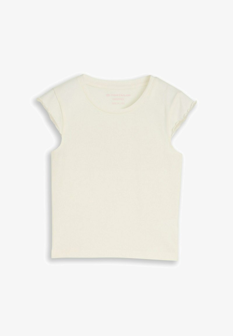 T-shirt en coton uni de couleur crème à manches courtes avec un col rond, posé à plat sur un fond blanc.