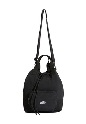 Sort snorelukket bucket-taske med forlommelomme med lynlås, Vans "Off The Wall"-logo, to korte håndtag og en lang justerbar skulderrem.