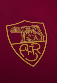 Bordeaux stof met een gouden geborduurd schildlogo met een beer en twee figuren, vergezeld van de letters "ASR" in een creatieve stijl.