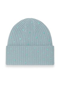 Berretto lavorato a maglia blu chiaro con texture a coste, decorato con paillettes teal sparse. Design a risvolto nella parte inferiore.