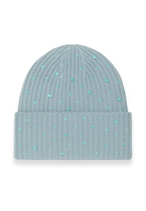 Berretto lavorato a maglia blu chiaro con texture a coste, decorato con paillettes teal sparse. Design a risvolto nella parte inferiore.