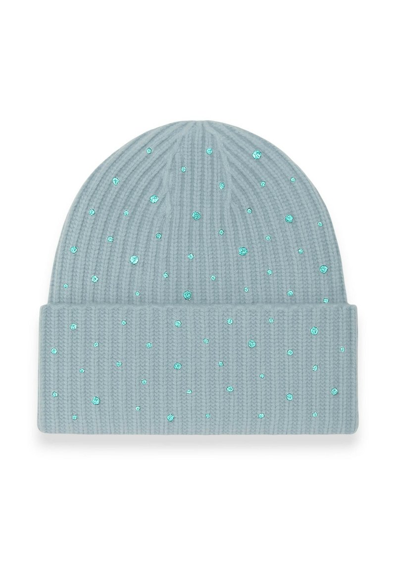 Berretto lavorato a maglia blu chiaro con texture a coste, decorato con paillettes teal sparse. Design a risvolto nella parte inferiore.