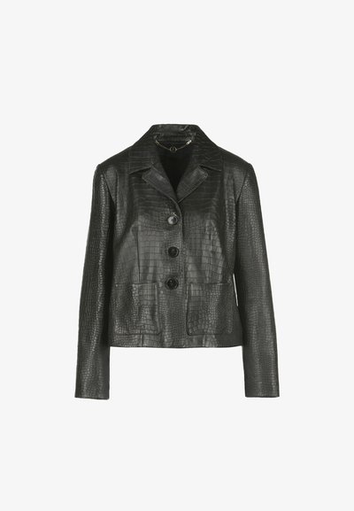 Black faux crocodile leather jacket with notch collar, three buttons, long sleeves, and two front patch pockets.