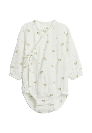 Witte babybody met lange mouwen, bedrukt met beige berengezichten, overslag aan de voorkant met zijstrik, en drukknoopsluiting aan de onderkant.