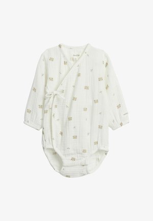 Valkoinen pitkähihainen vauvan body, jossa on beigejä karhunaamioita, ristiinkietoutuva edusta, joka sidotaan sivulta, ja napit alareunassa.