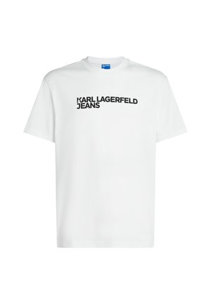 Bijela pamučna majica s crnim logotipom "KARL LAGERFELD JEANS" na prednjoj strani. Okrugli izrez i kratki rukavi, jedinstvenog dizajna.