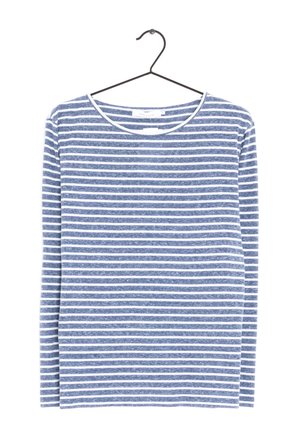 Long-sleeve shirt with thin white and blue horizontal stripes hanging on a black hanger against a white background.