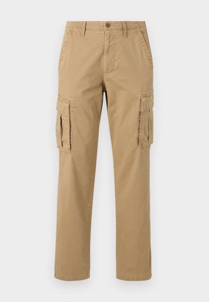 Beige cargobukser med to sidelommer, knaplukning, lige ben og et blødt, tekstureret stof.