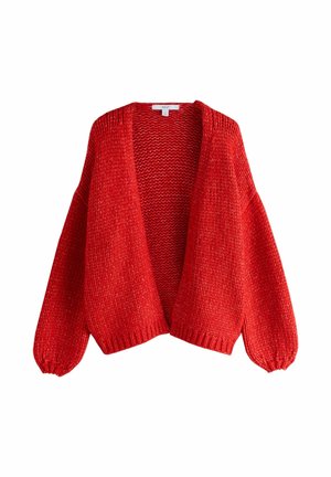 Rode gebreide cardigan met een open voorkant, verlaagde mouwen en geribbelde manchetten. Beschikt over een textuurpatroon en een relaxte pasvorm.