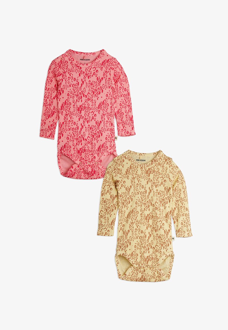 Two long-sleeve bodysuits: one in pink with a leopard print and another in beige with a similar pattern. Cotton material, round neckline.
