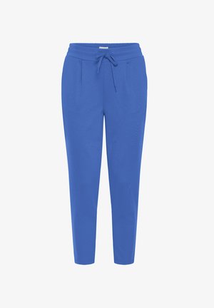 Pantaloni sportivi blu con vita elastica, coulisse e due tasche laterali. Tessuto liscio e gambe rastremate.