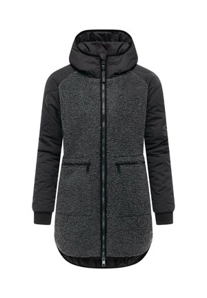 Veste à capuche composée d'un mélange de tissu matelassé noir et de shearling gris duveteux. Elle dispose de deux poches zippées à l'avant et d'un ourlet arrière plus long.