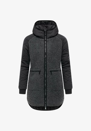 Veste à capuche composée d'un mélange de tissu matelassé noir et de shearling gris duveteux. Elle dispose de deux poches zippées à l'avant et d'un ourlet arrière plus long.