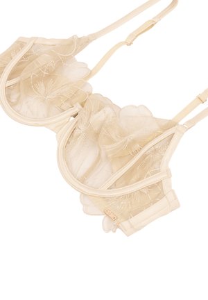 Beige beha met gebloemde geborduurde mesh details, onderbroken cups, verstelbare bandjes en een gladde band met haak-en-oogsluiting.