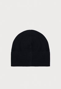 Knit black beanie hat with a folded cuff, rounded top, and smooth texture. Simple design suitable for various styles and seasons.