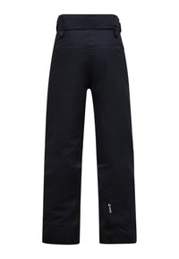 Zwarte waterdichte skibroek met een hoge tailleband, rechte pijpen, verstelbare taille en versterkte onderpanelen voor duurzaamheid.