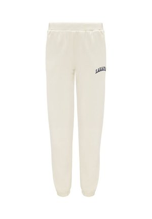Pantaloni de trening de culoare crem, confecționați dintr-un material moale, cu talie și manșete elastice, având text de logo de culoare albastru închis pe coapsa stângă.
