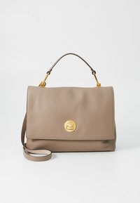 Leather handbag in taupe, featuring a structured design, gold hardware, a top handle, and a removable shoulder strap.