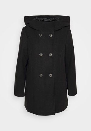 Schwarzer, doppelt knöpfbarer Mantel mit großer, strukturiertem Kapuze, Knöpfen an der Vorderseite, langen Ärmeln und glatter Textur.